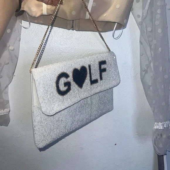 GOLF WIFEY New White & Blue Beaded Clutch Golfers Resort Country Club Vacation - Picture 7 of 16